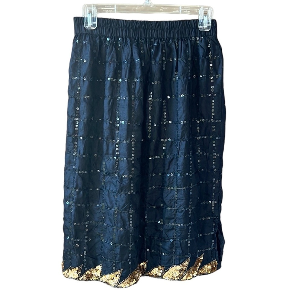 Tina Vintage 100% Silk Black Midi Skirt. Window Pane Sequin and Flame Hem sz L